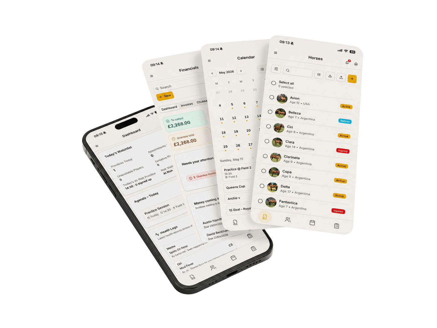 Polo HQ on iPhone: dashboard, financials, calendar, and horses screens